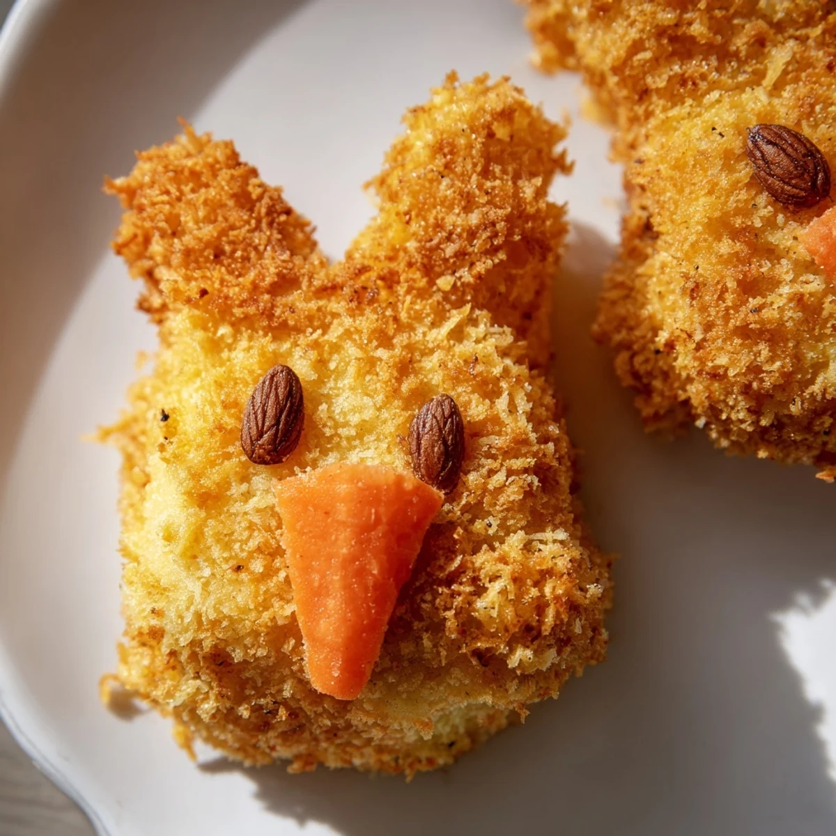 Plate of golden brown Easter Bunny Potato Croquettes with peppercorn eyes and panko coating