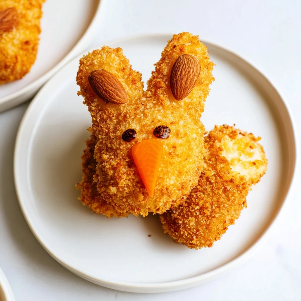 Fried Easter Bunny Potato Croquettes arranged on festive spring plate alongside fresh parsley garnish