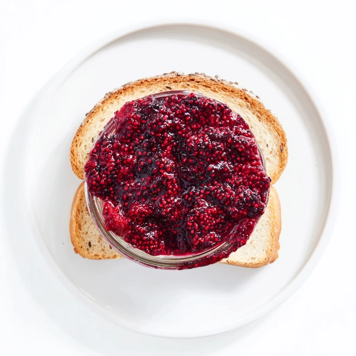Homemade easy berry chia seed jam spooned onto rustic whole grain toast