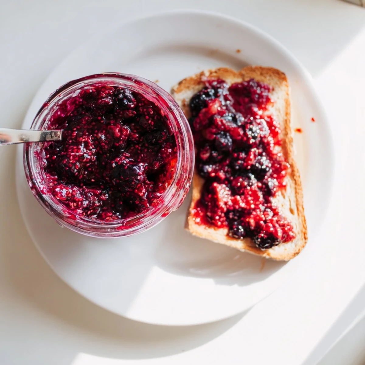 Glass jar filled with vibrant easy berry chia seed jam topped with fresh berries