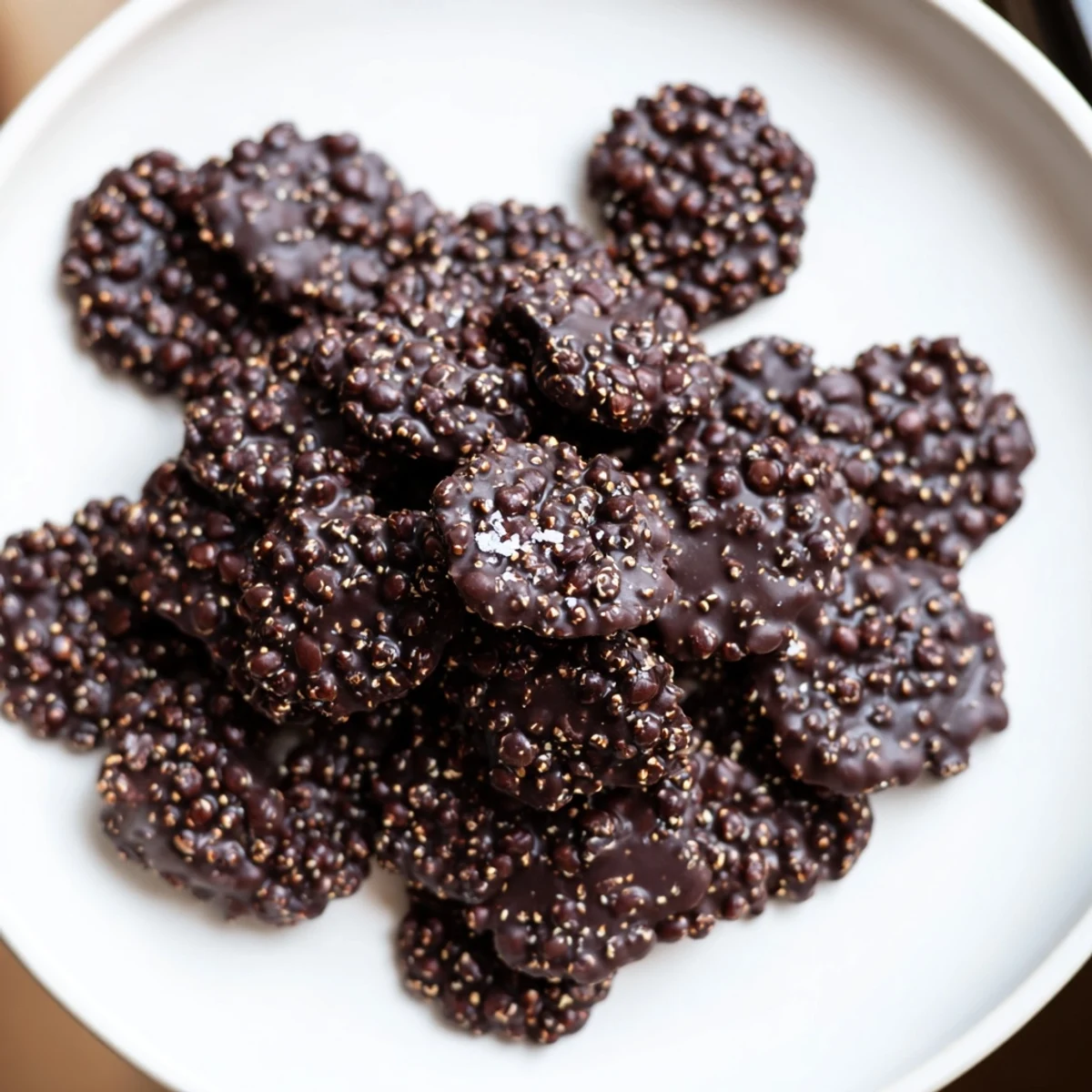 Gluten-free dark chocolate quinoa crisps with toasted golden quinoa bits visible in melted chocolate