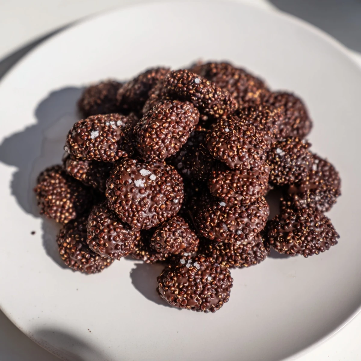 Dark chocolate quinoa crisps arranged on a white plate showing their crunchy texture and glossy finish