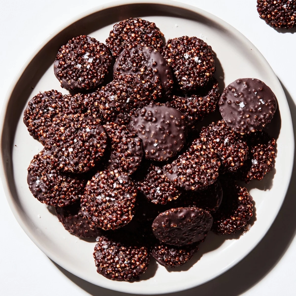 Homemade dark chocolate quinoa crisps sprinkled with sea salt on a marble serving board