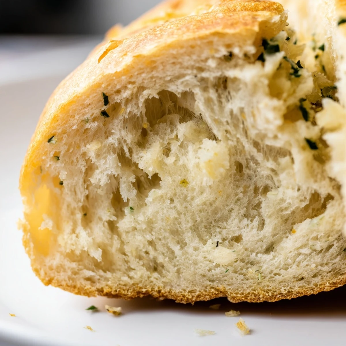 Warm slice of garlic and herb bread served on wooden cutting board with melting butter
