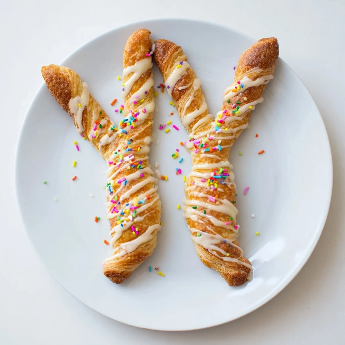 Golden brown Easter Bunny Twists pastry with cinnamon sugar drizzled with white icing and colorful sprinkles on a white plate