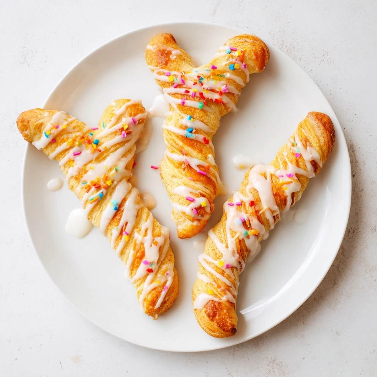 Fluffy baked Easter Bunny Twists shaped like bunny ears topped with sweet glaze and pastel decorations for spring brunch