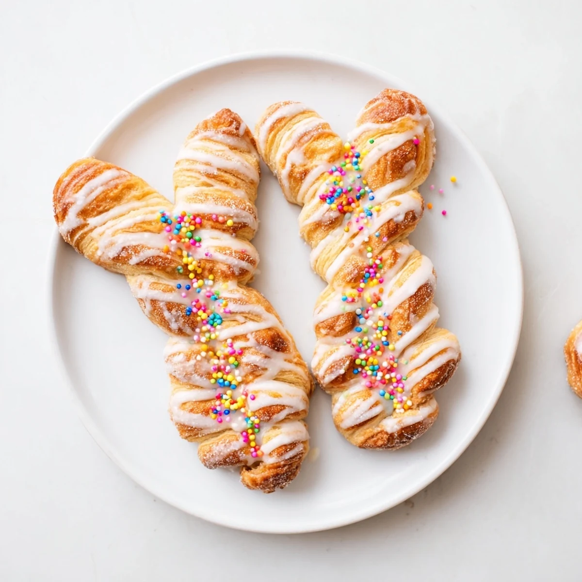 Warm puff pastry Easter Bunny Twists arranged on serving tray with icing drizzle and bunny tail marshmallow details