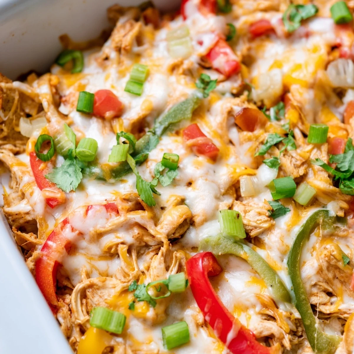Golden melted cheese blankets juicy chicken and colorful peppers in this bubbling cheesy chicken fajita casserole