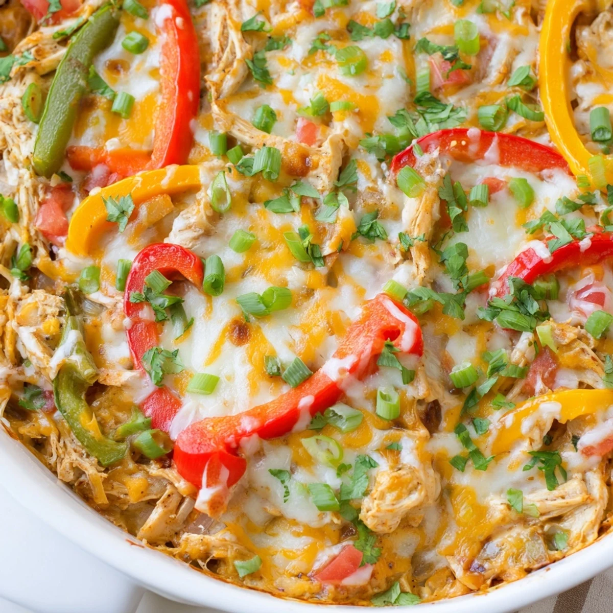 Hearty Tex-Mex cheesy chicken fajita casserole with tender chicken peppers and onions baked to golden perfection