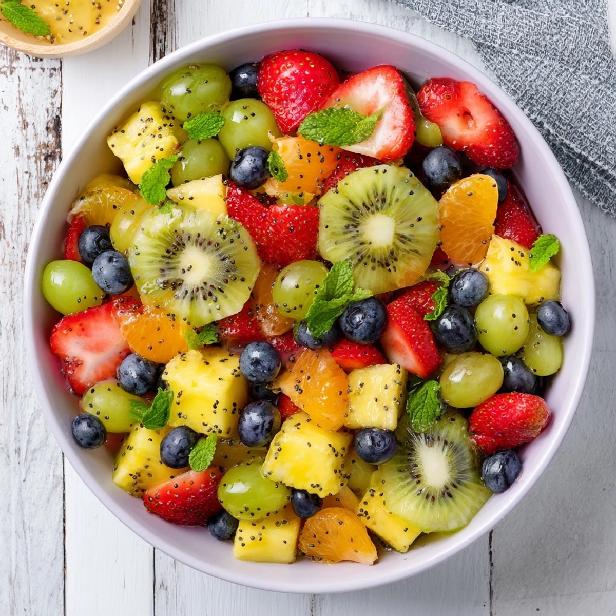 Colorful Easter fruit salad bowl with fresh strawberries, pineapple, kiwi, and blueberries drizzled with honey lime dressing and mint
