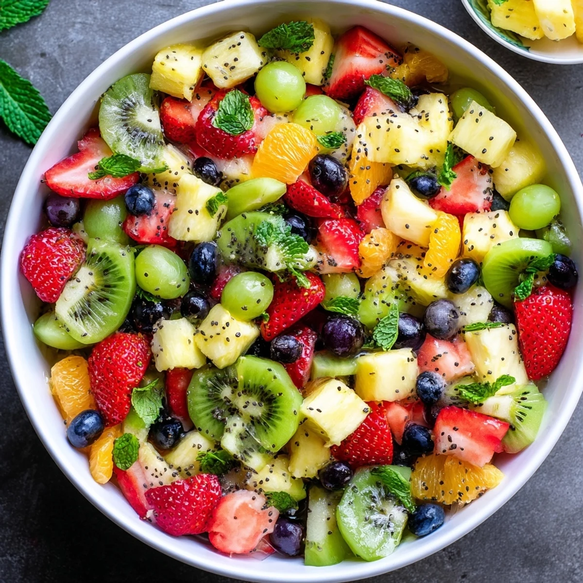 Refreshing Easter fruit salad featuring vibrant spring fruits in honey lime glaze, topped with fresh mint for brunch