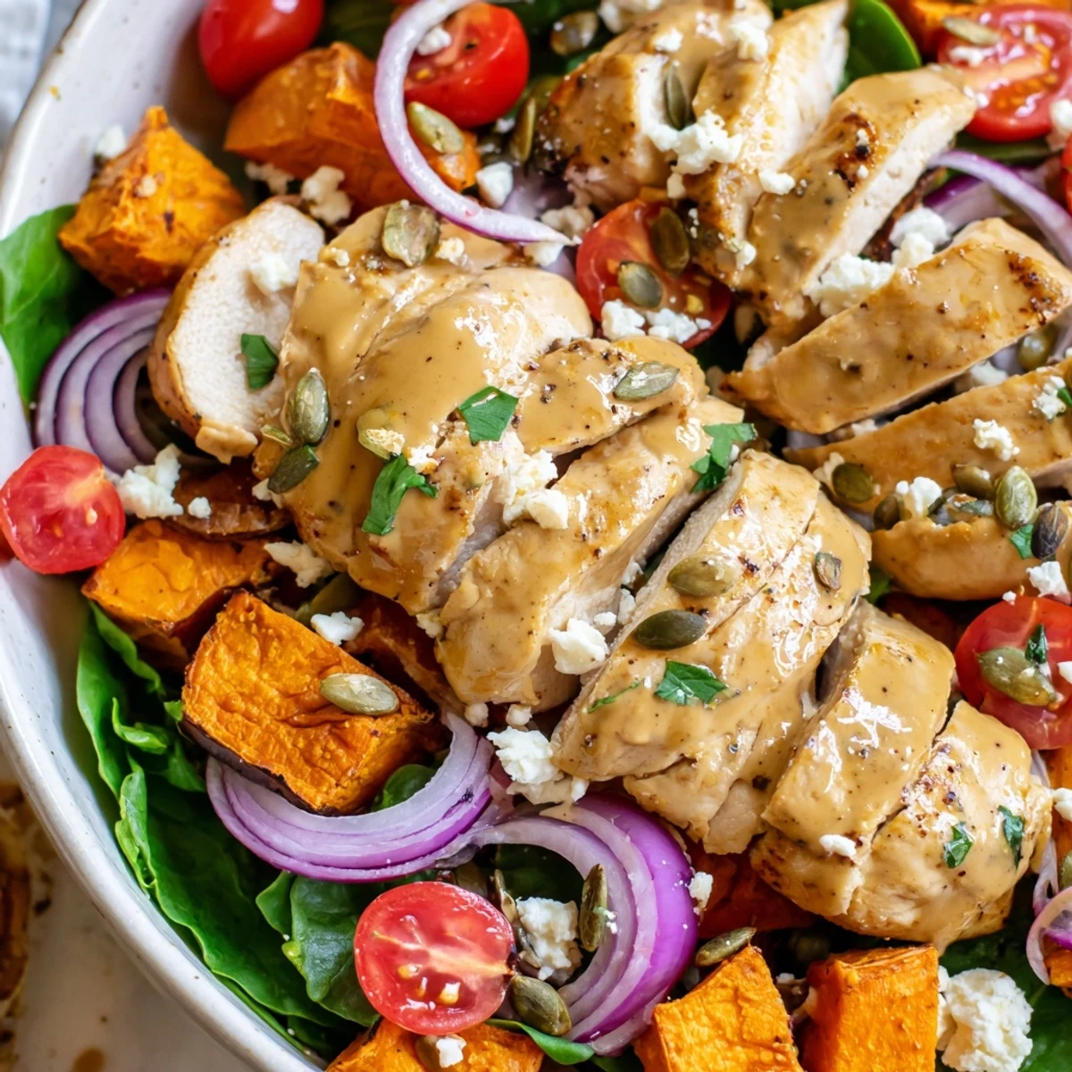 Juicy maple Dijon grilled chicken resting on a bed of caramelized sweet potato pieces, mixed vegetables, and pumpkin seed toppings