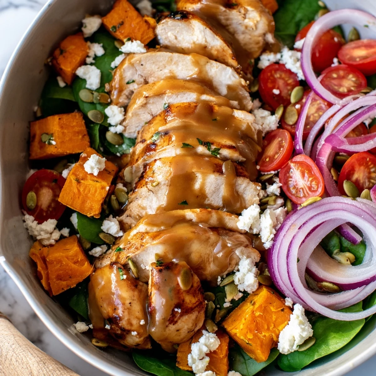 Golden glazed maple Dijon chicken breast slices served over roasted sweet potato cubes with fresh baby spinach and cherry tomatoes in a wholesome grain bowl