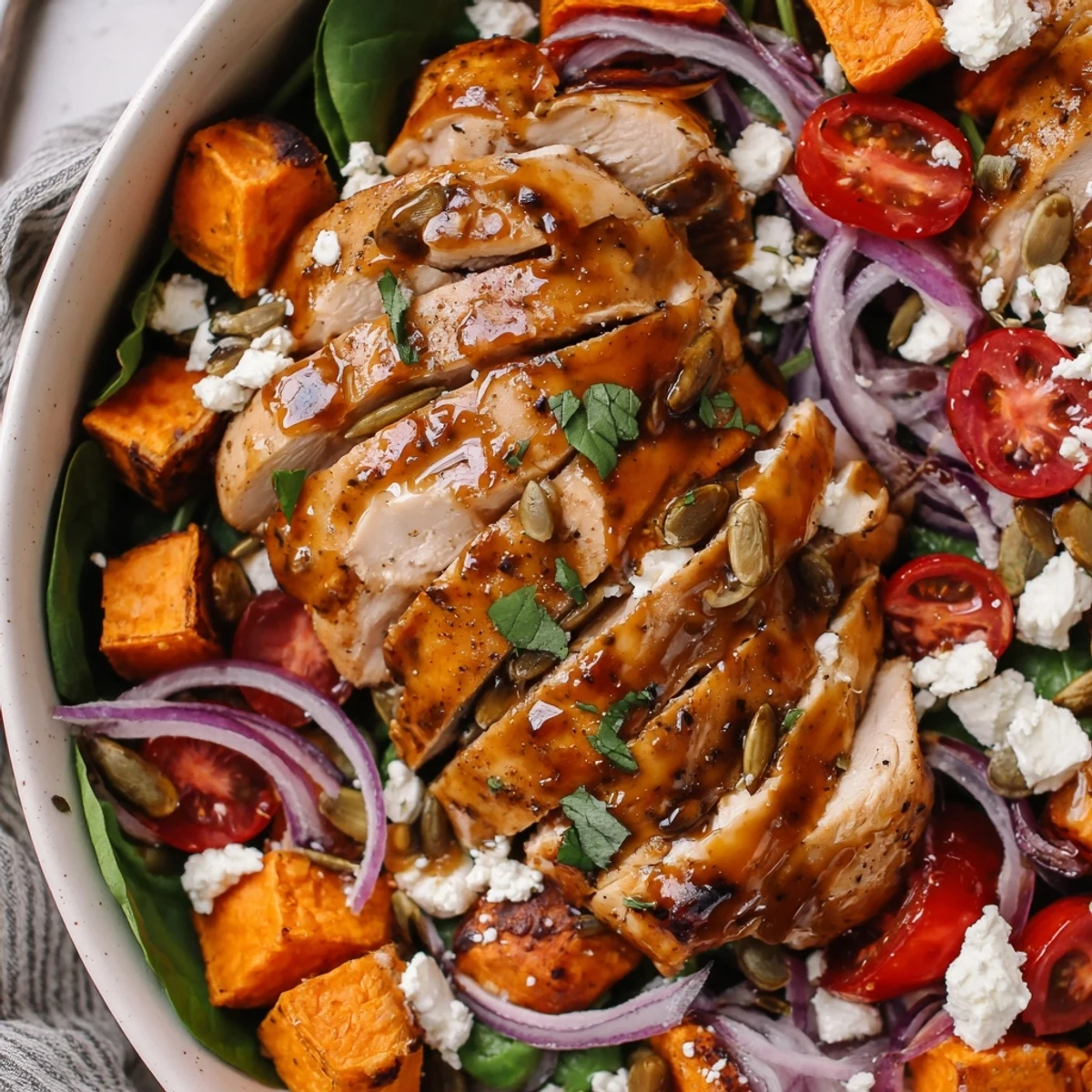 Sliced maple Dijon chicken arranged in a bowl with tender roasted sweet potatoes, crisp greens, and tangy feta cheese crumbles