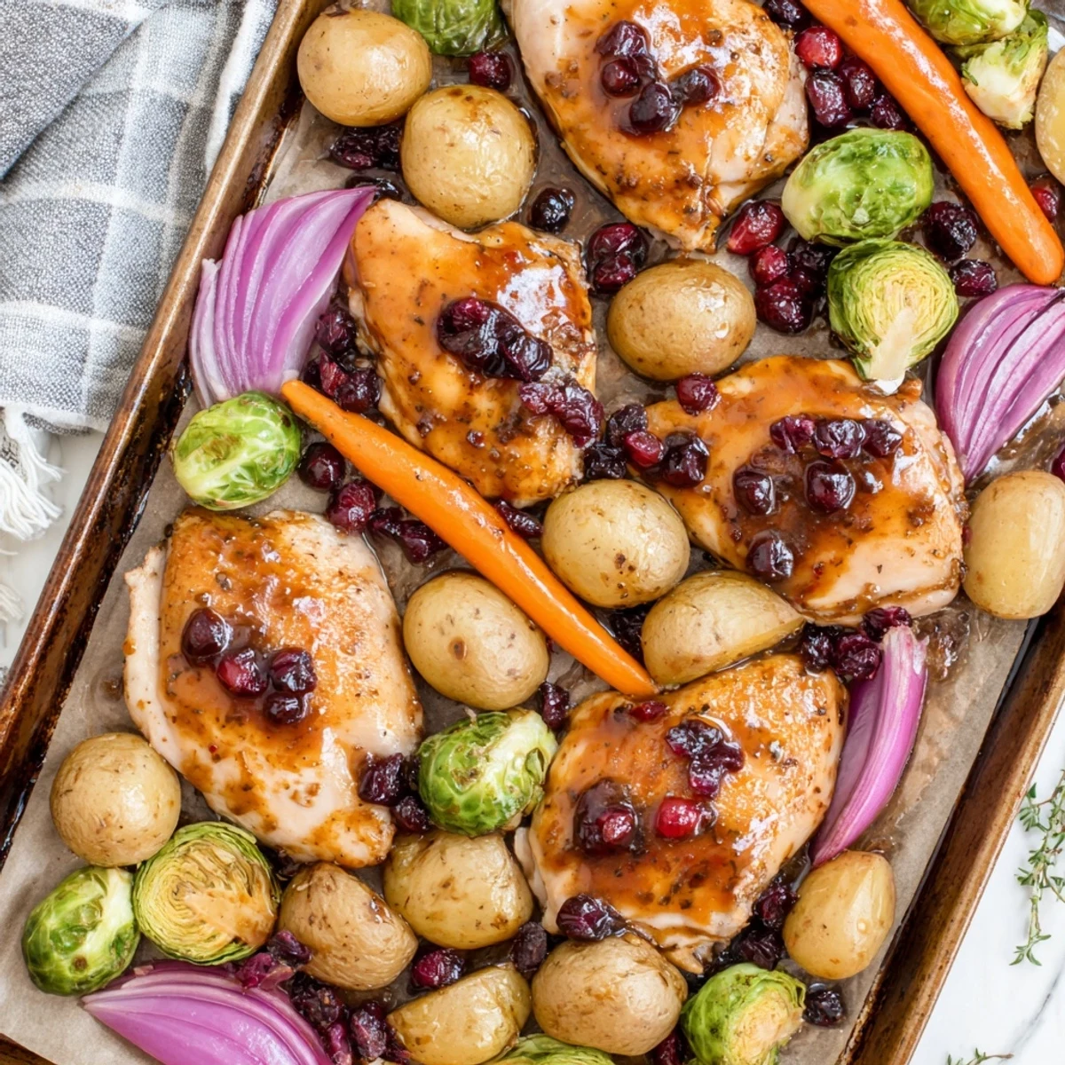 Golden glazed honey cranberry chicken breasts roasted with colorful vegetables on one baking sheet