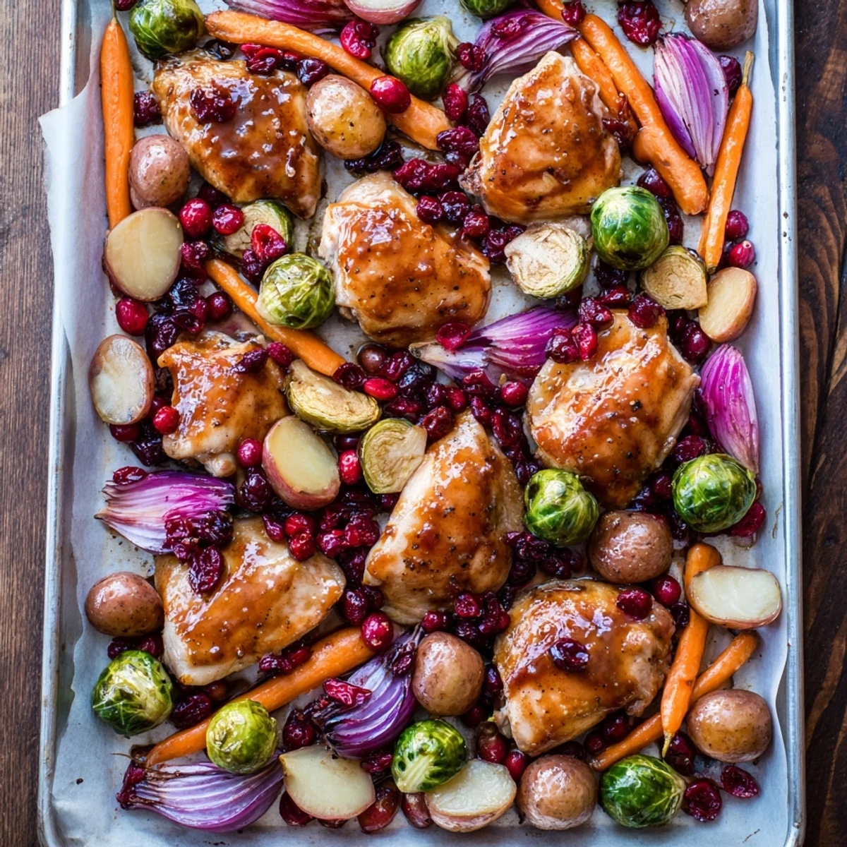 Juicy chicken thighs coated in sweet honey cranberry glaze alongside tender roasted Brussels sprouts and potatoes