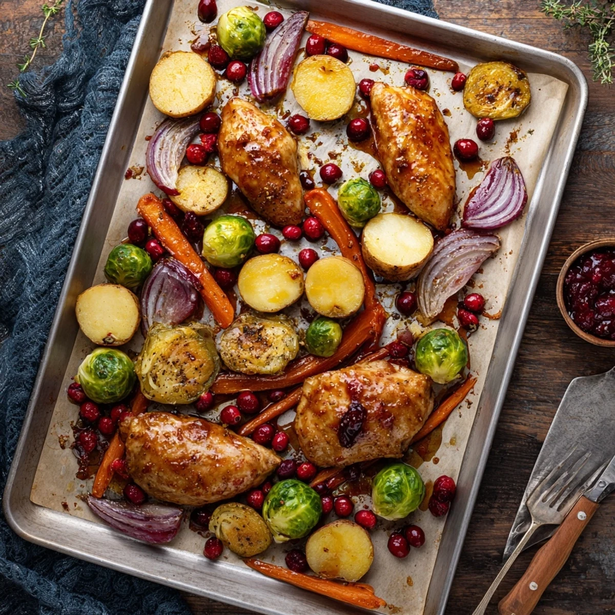 Complete one pan meal featuring honey glazed chicken with cranberries and seasonal root vegetables ready for dinner