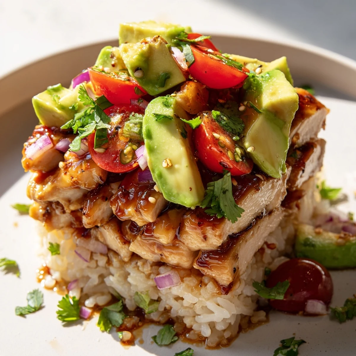 Layered honey lime chicken avocado rice stack with grilled chicken slices and fresh garnish