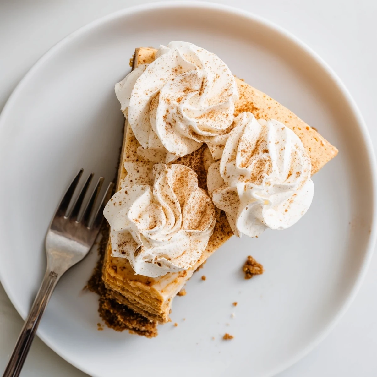 Pumpkin Spice Christmas Cheesecake slice with whipped cream on a white plate