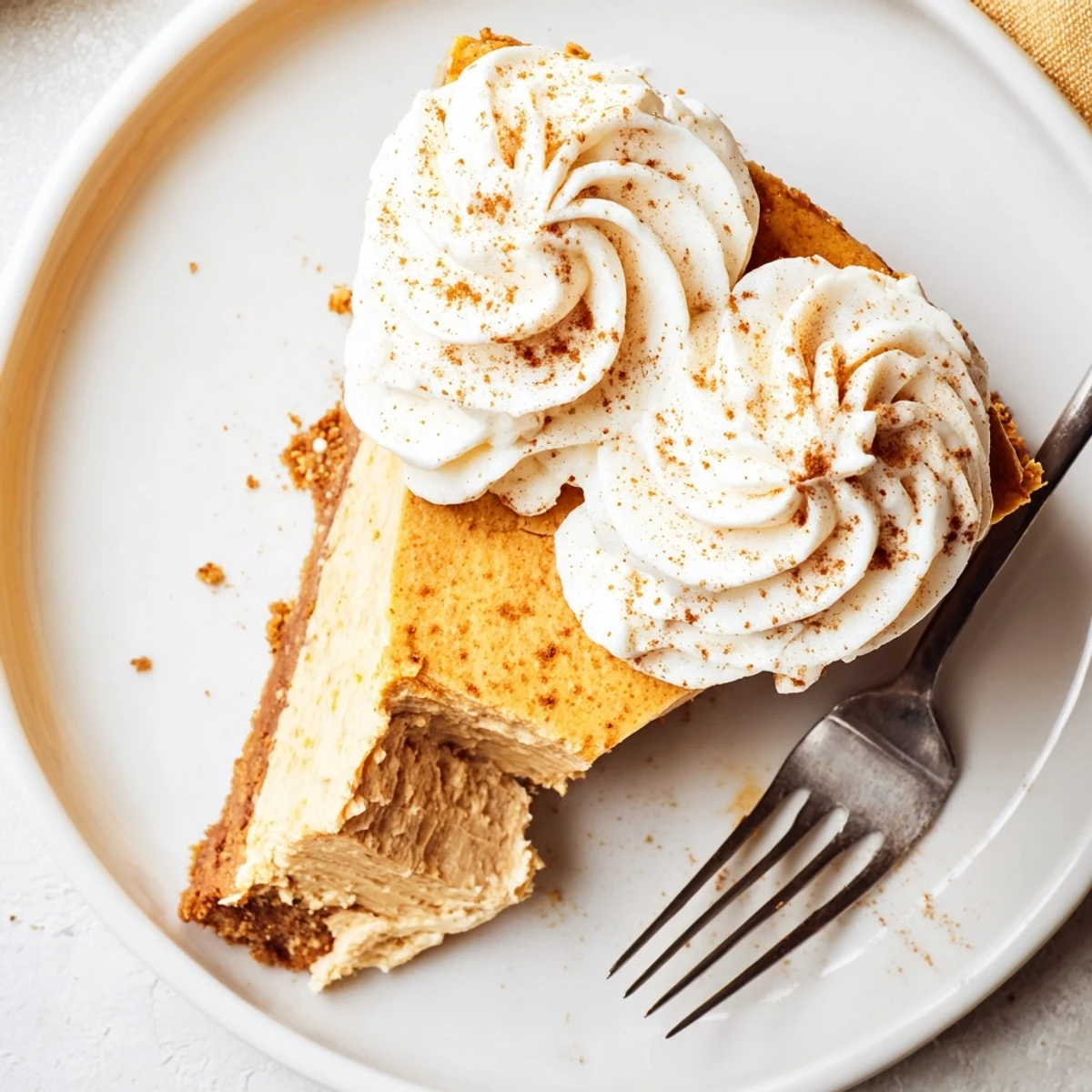 Festive holiday cheesecake topped with fluffy whipped cream and dusted with cinnamon