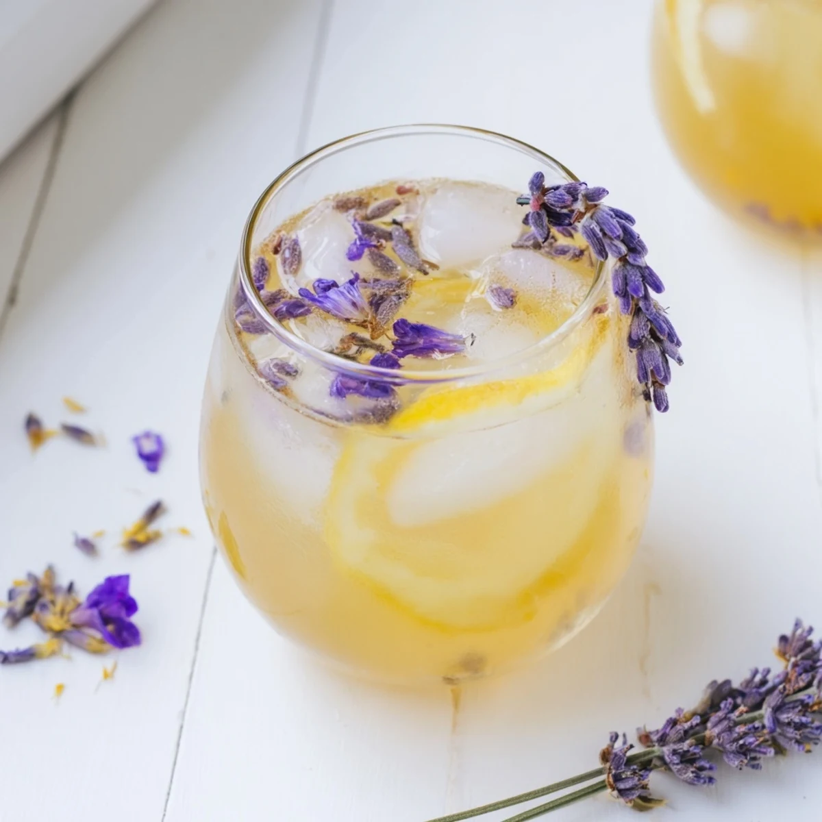Glass pitcher of lavender lemonade garnished with fresh lemon slices and purple sprigs