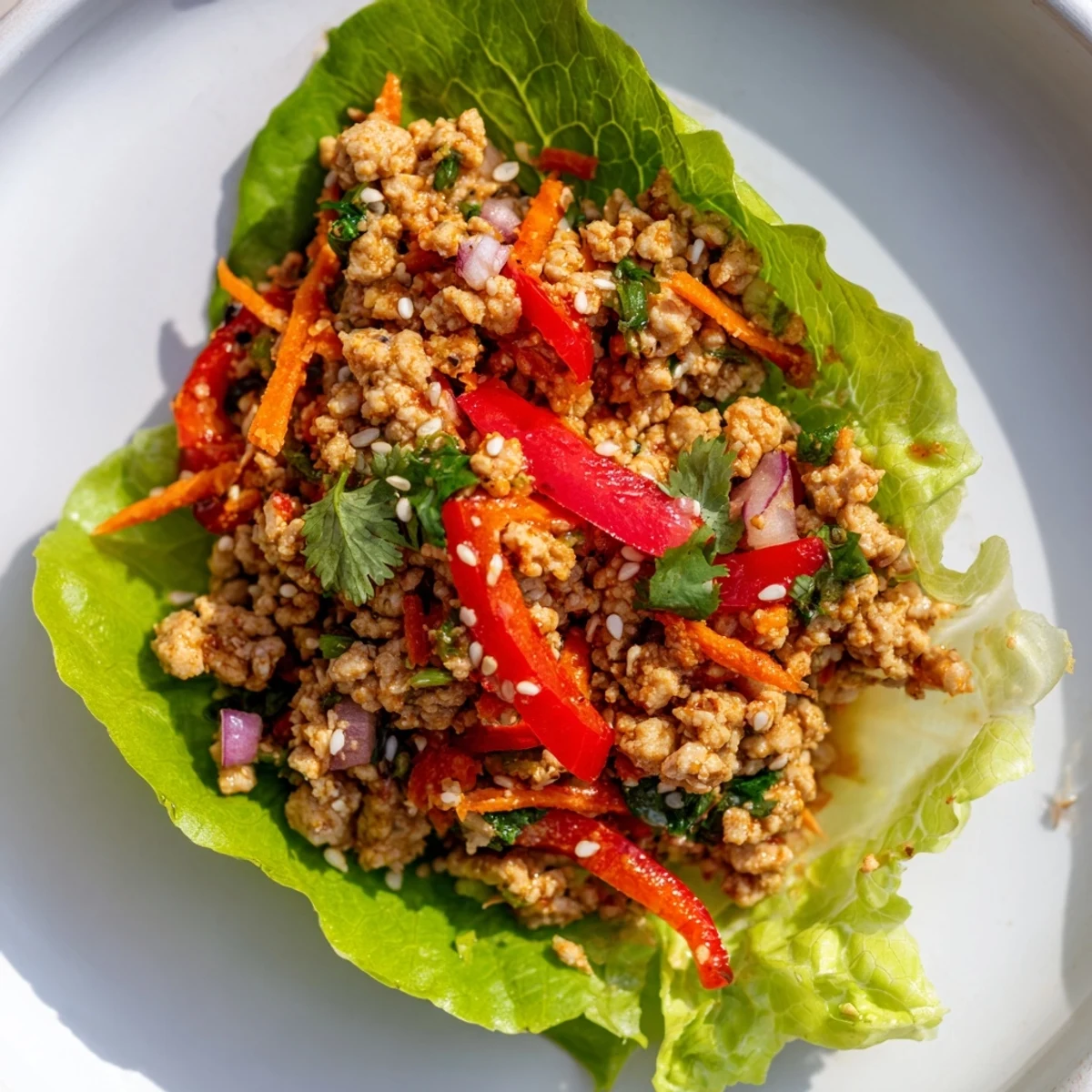Healthy ground turkey lettuce wrap bowls topped with sesame seeds and cilantro