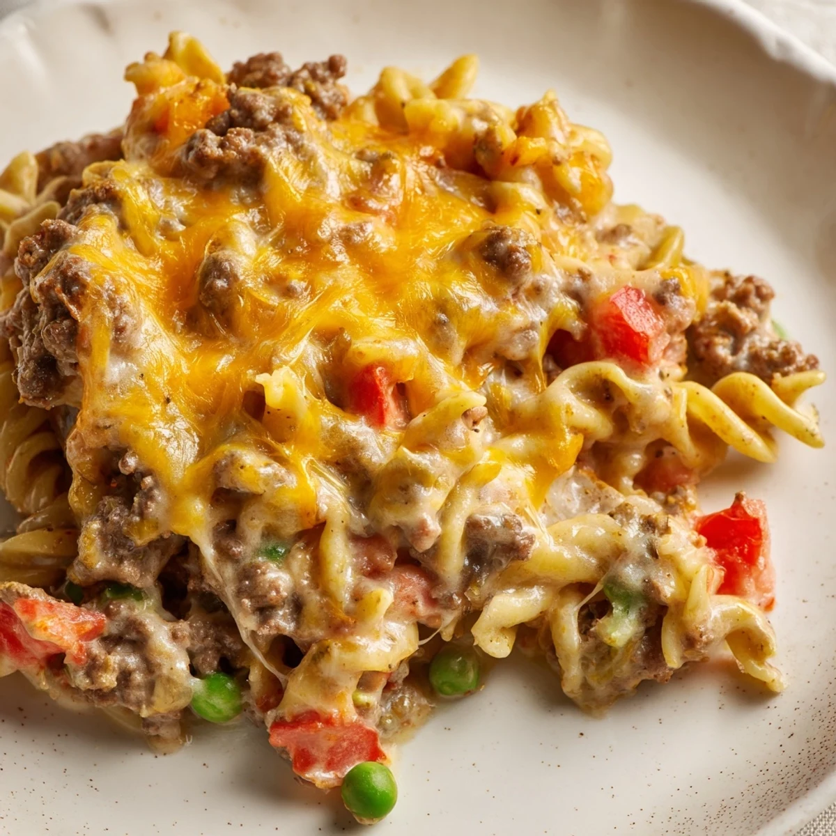 Creamy cheesy beef and noodle casserole with tender egg noodles in a rich, savory sauce