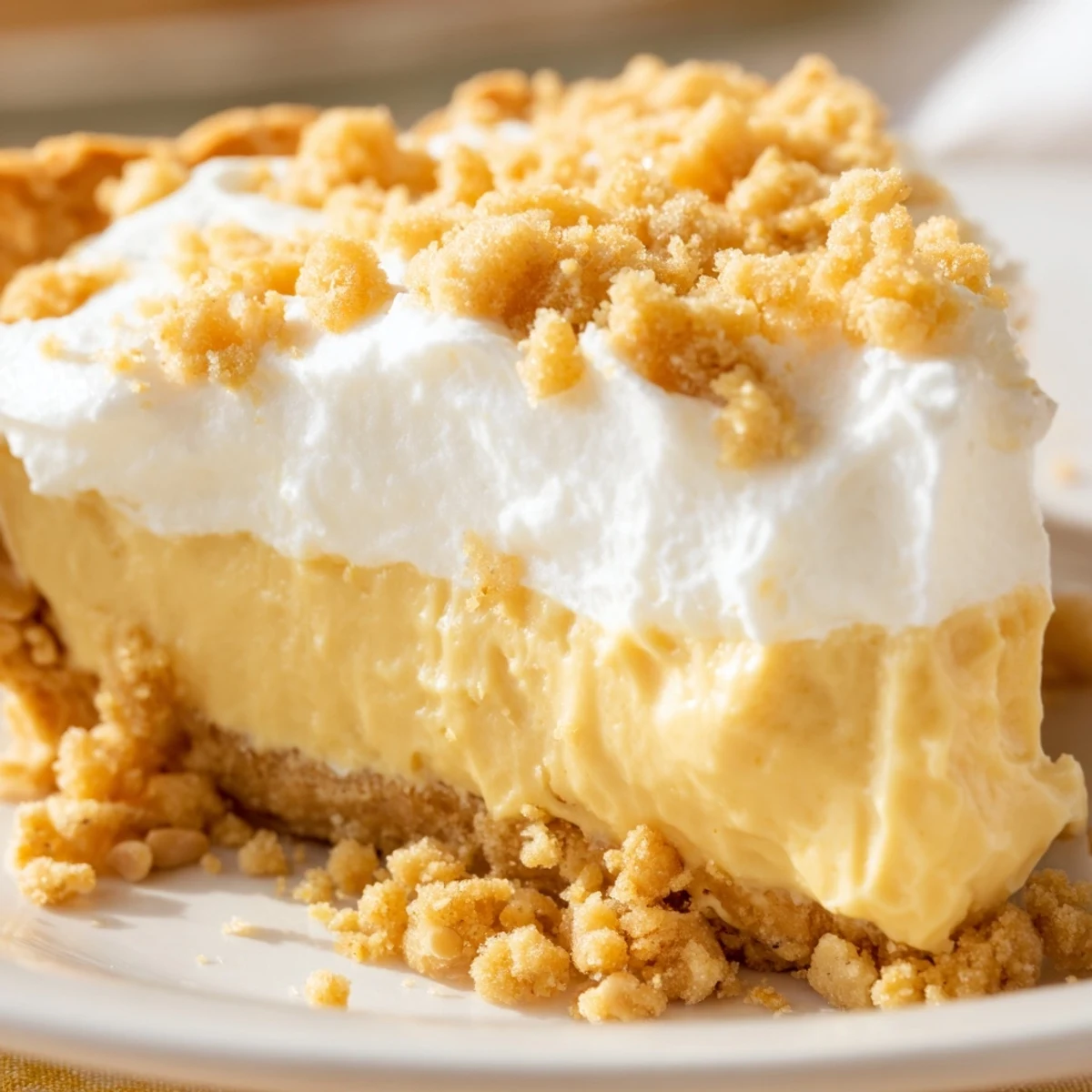 Creamy Amish Peanut Butter Dream Pie topped with fluffy whipped cream and golden peanut butter crumbs