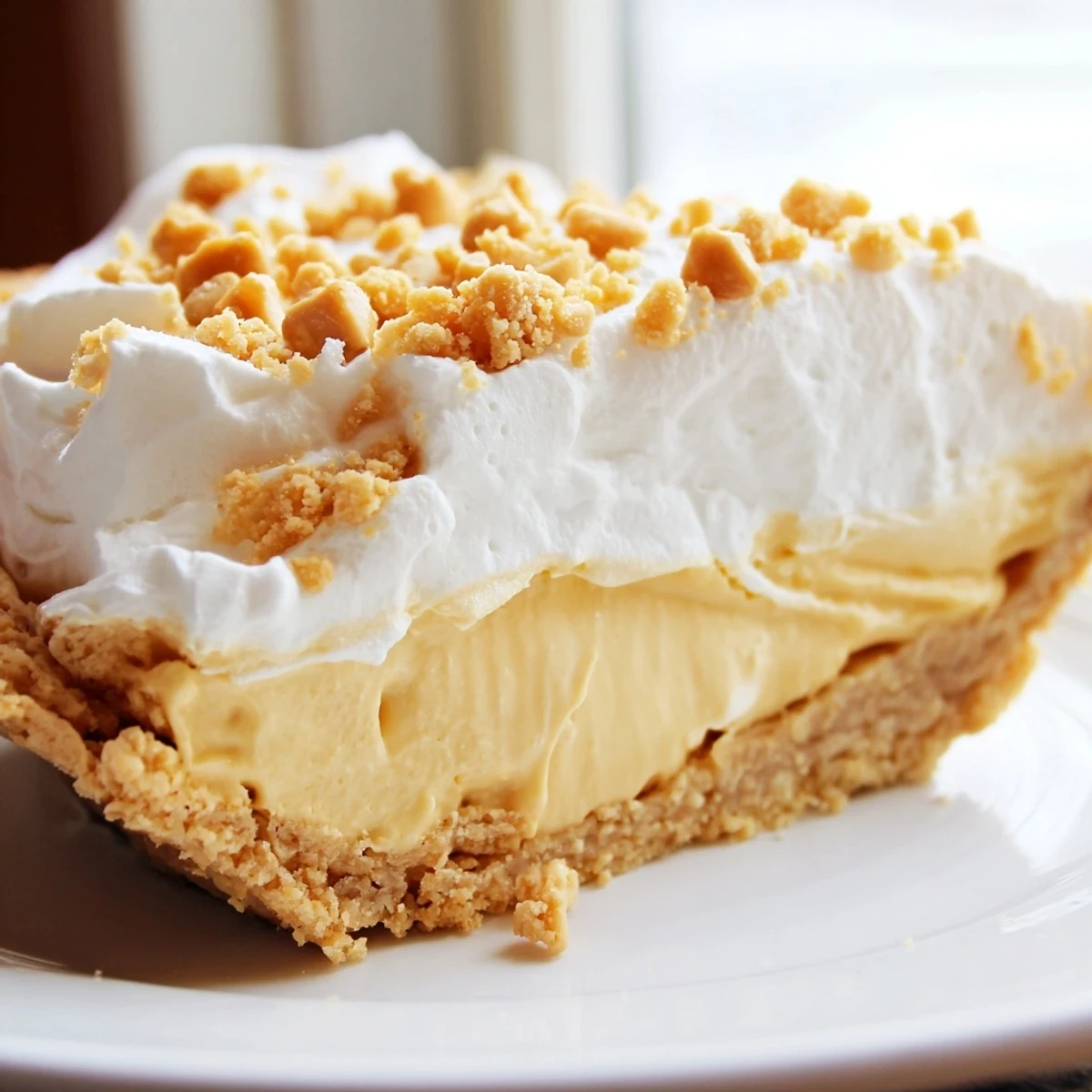 Slice of old fashioned Amish Peanut Butter Dream Pie showing smooth custard filling and crumb topping