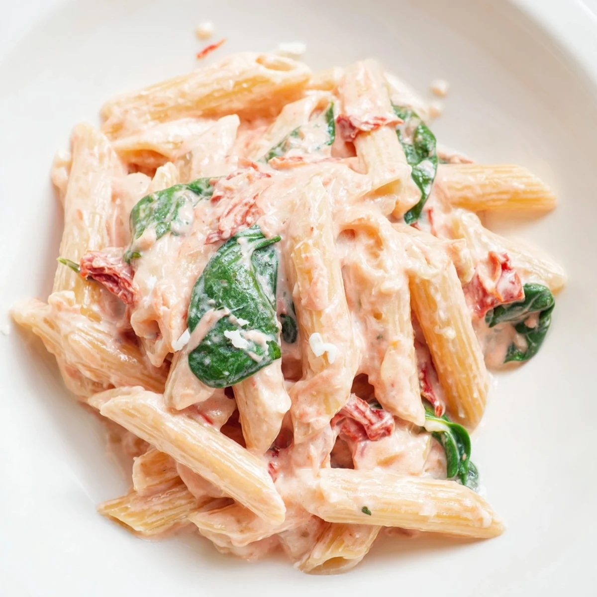 Creamy sun dried tomato spinach pasta in a rustic skillet with vibrant green wilted leaves
