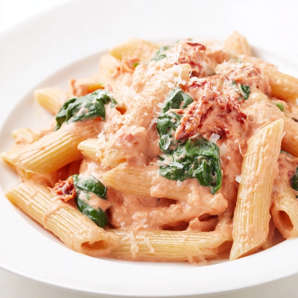 Steaming plate of creamy sun dried tomato spinach pasta topped with freshly grated Parmesan cheese