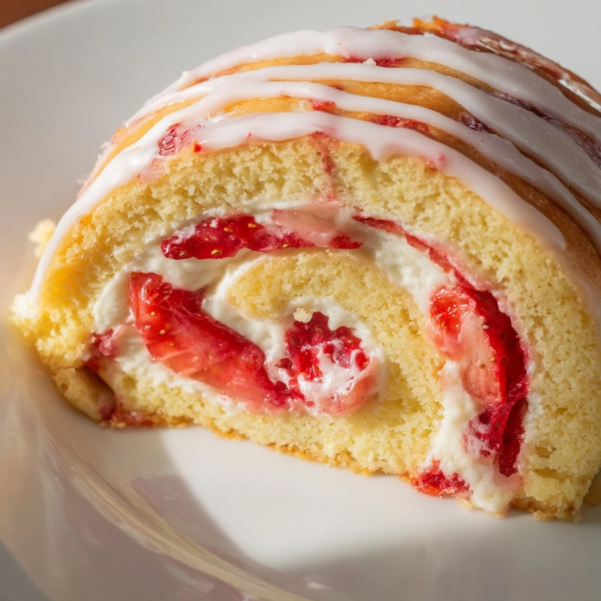 Golden Strawberry Shortcake Cheesecake Rolls drizzled with sweet vanilla glaze on white plate