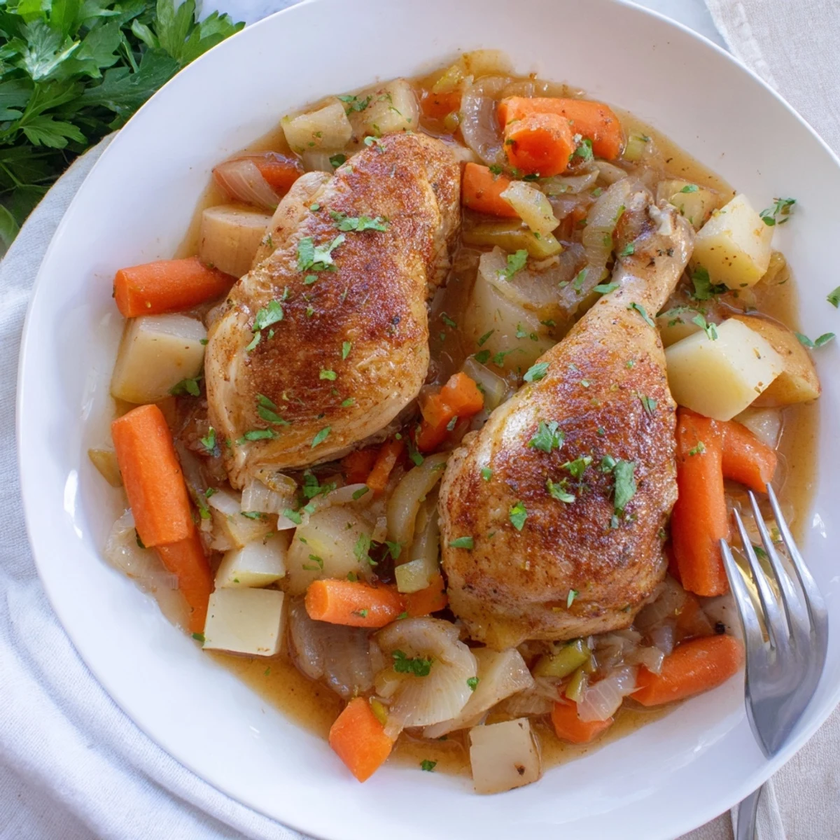 Slow cooker chicken dinner featuring juicy meat alongside soft vegetables in savory broth