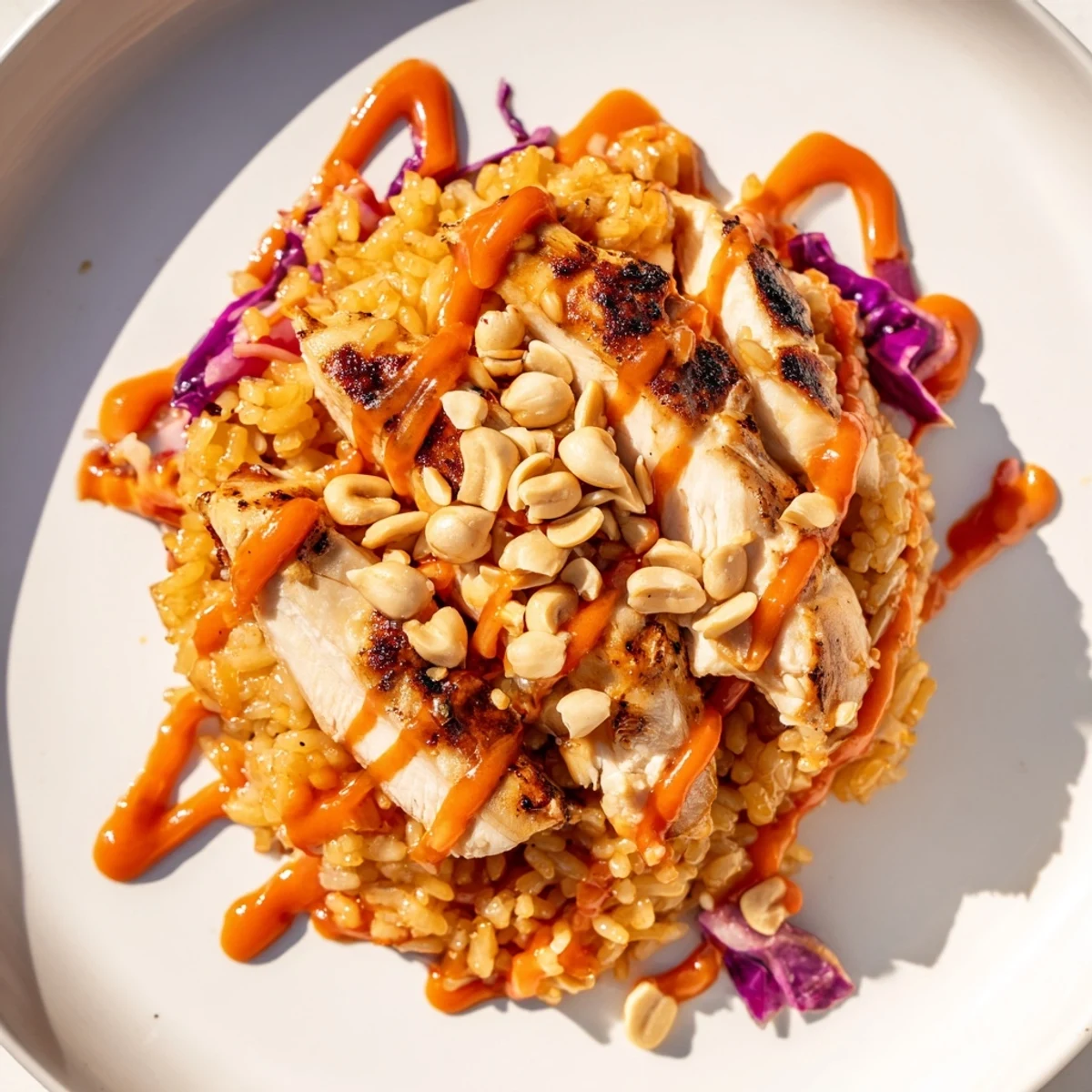 Golden crispy rice and sliced chicken topped with creamy spicy Bang Bang sauce