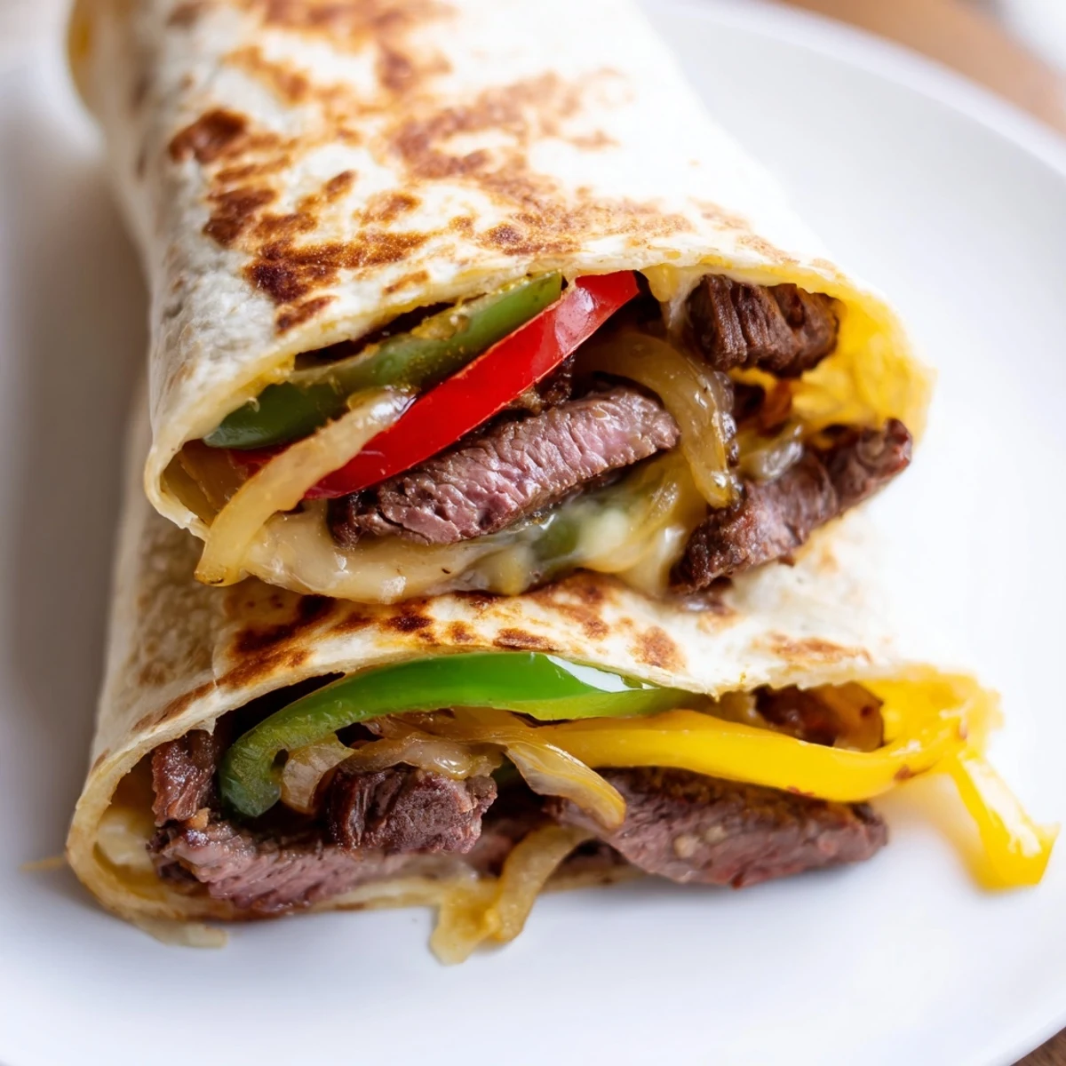 Golden crispy Philly cheesesteak grilled wraps with melted provolone and colorful peppers