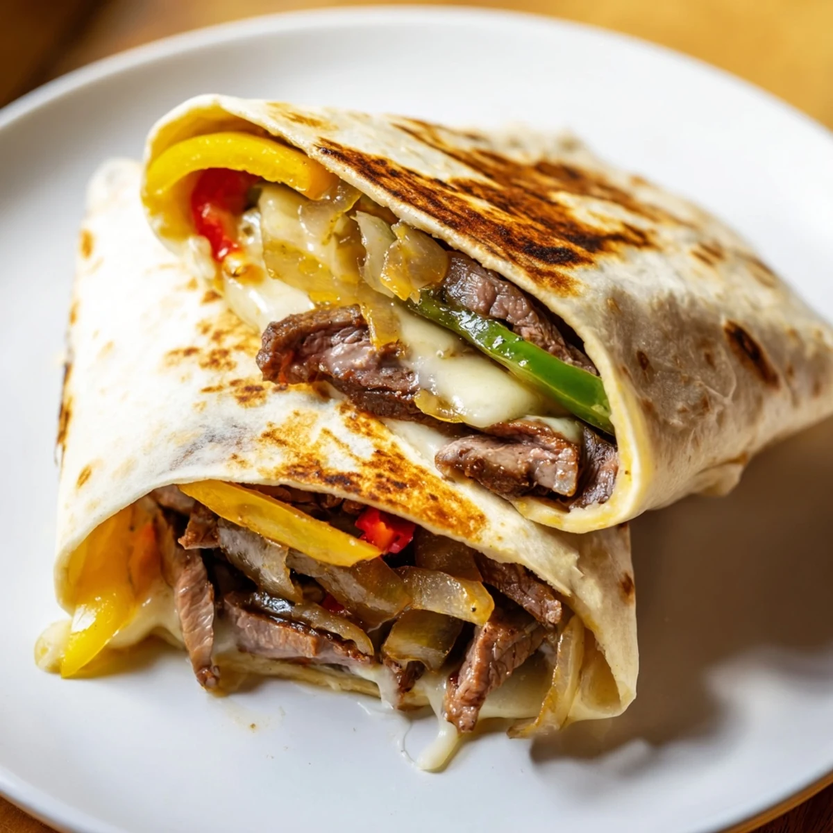 Crispy Philly cheesesteak grilled wraps sliced open revealing tender steak and melted cheese