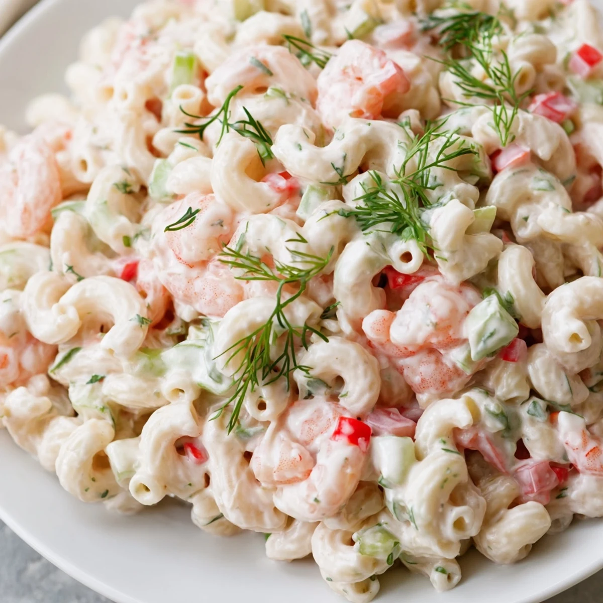 Creamy shrimp macaroni salad loaded with tender seafood and crunchy vegetables in tangy dressing