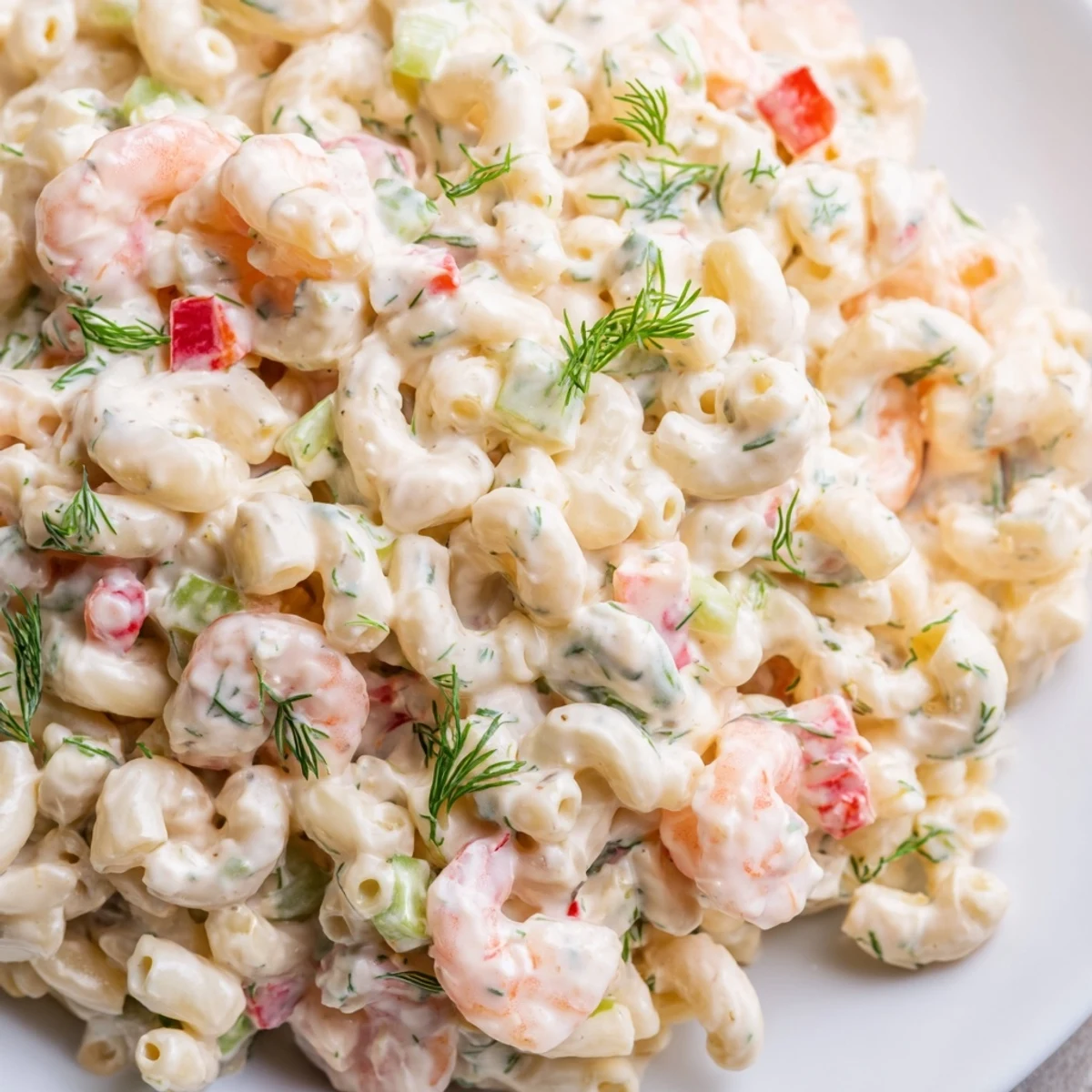 Chilled shrimp macaroni salad in a serving bowl with diced peppers and fresh herbs