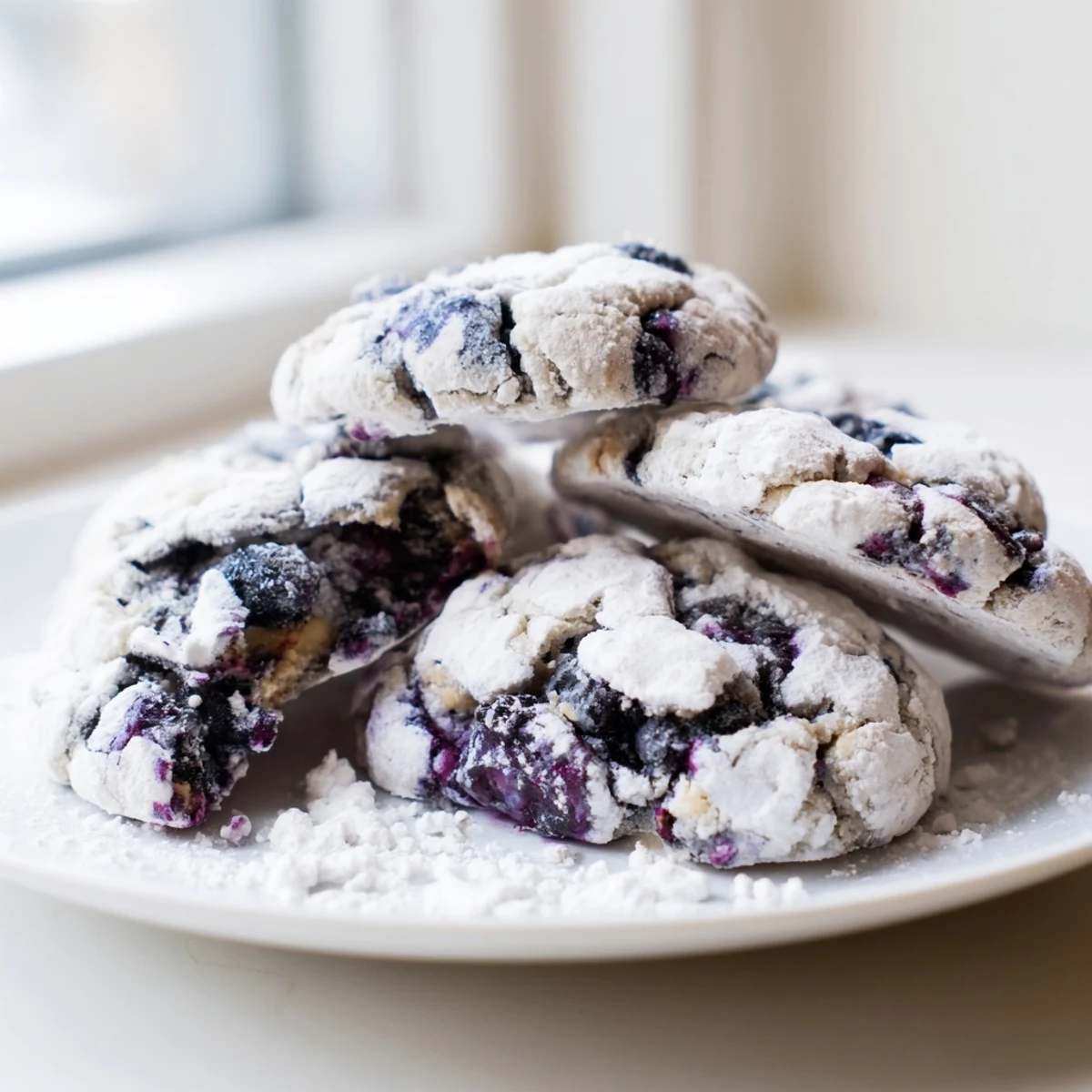 Soft blueberry crinkle cookies dusted with powdered sugar on a rustic white plate