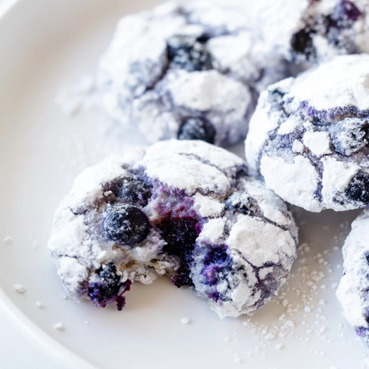 Golden blueberry crinkle cookies with cracked surfaces fresh from the oven cooling
