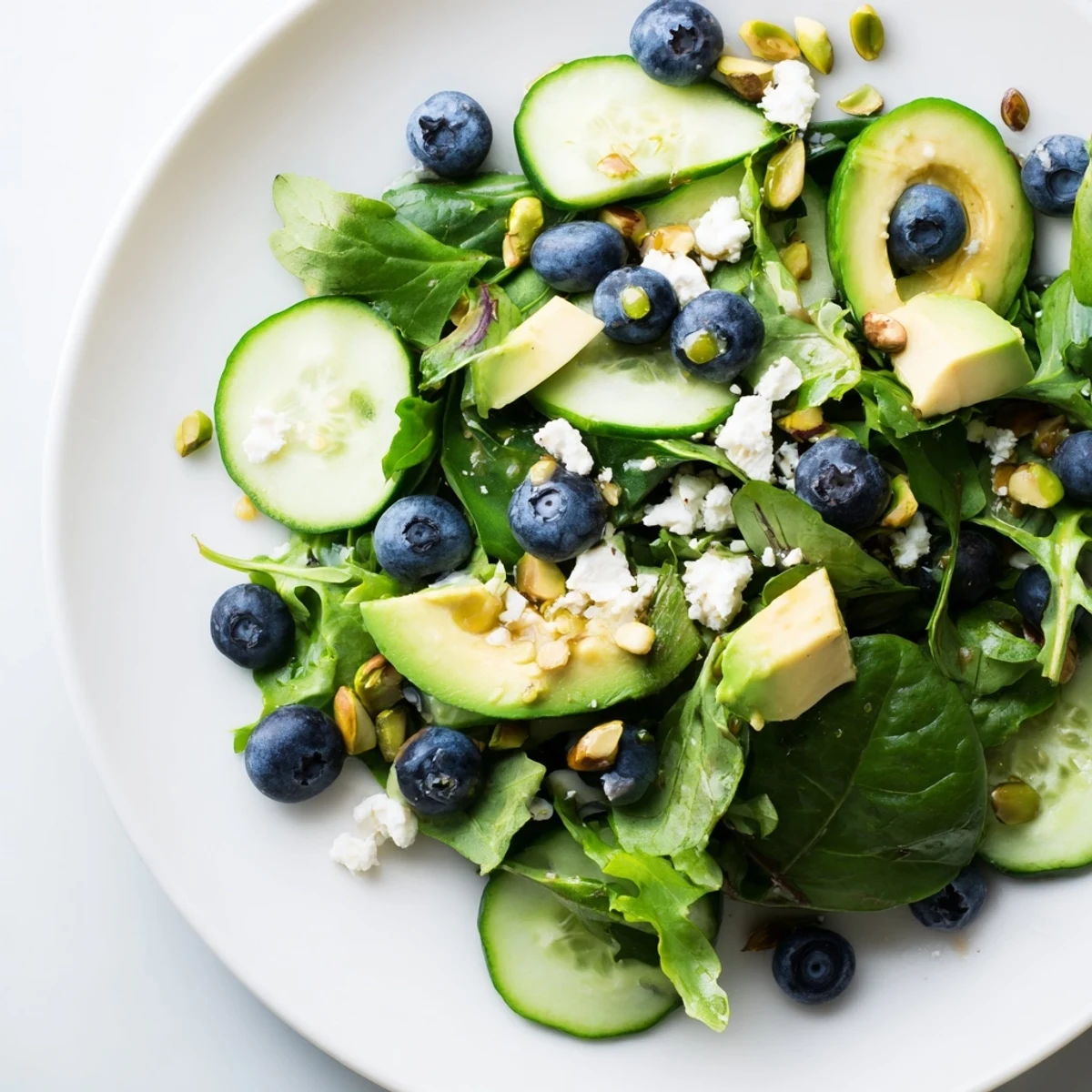 Colorful blueberry pistachio spring salad topped with creamy avocado and crisp cucumber slices