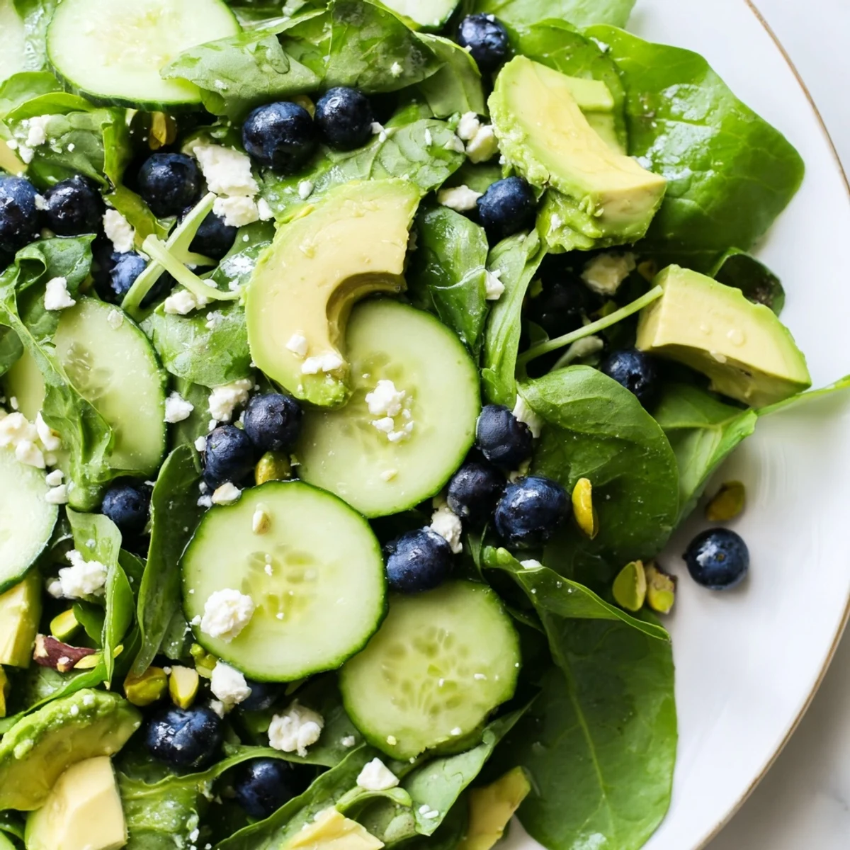 Fresh blueberry pistachio spring salad tossed in tangy lemon dijon vinaigrette dressing