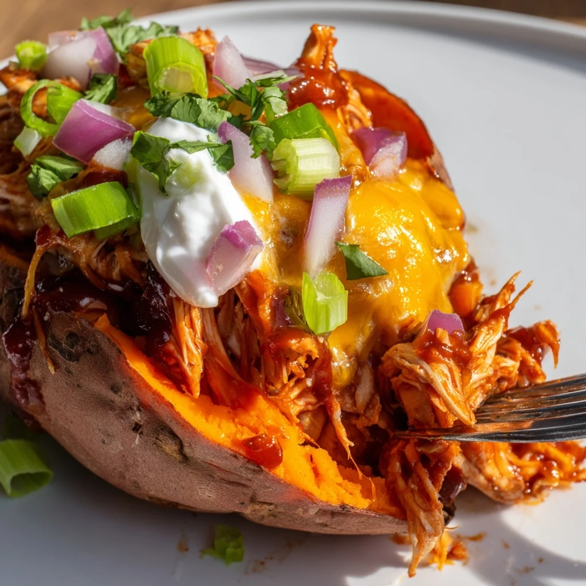 Tender roasted sweet potato loaded with smoky BBQ chicken and melted cheddar cheese topping