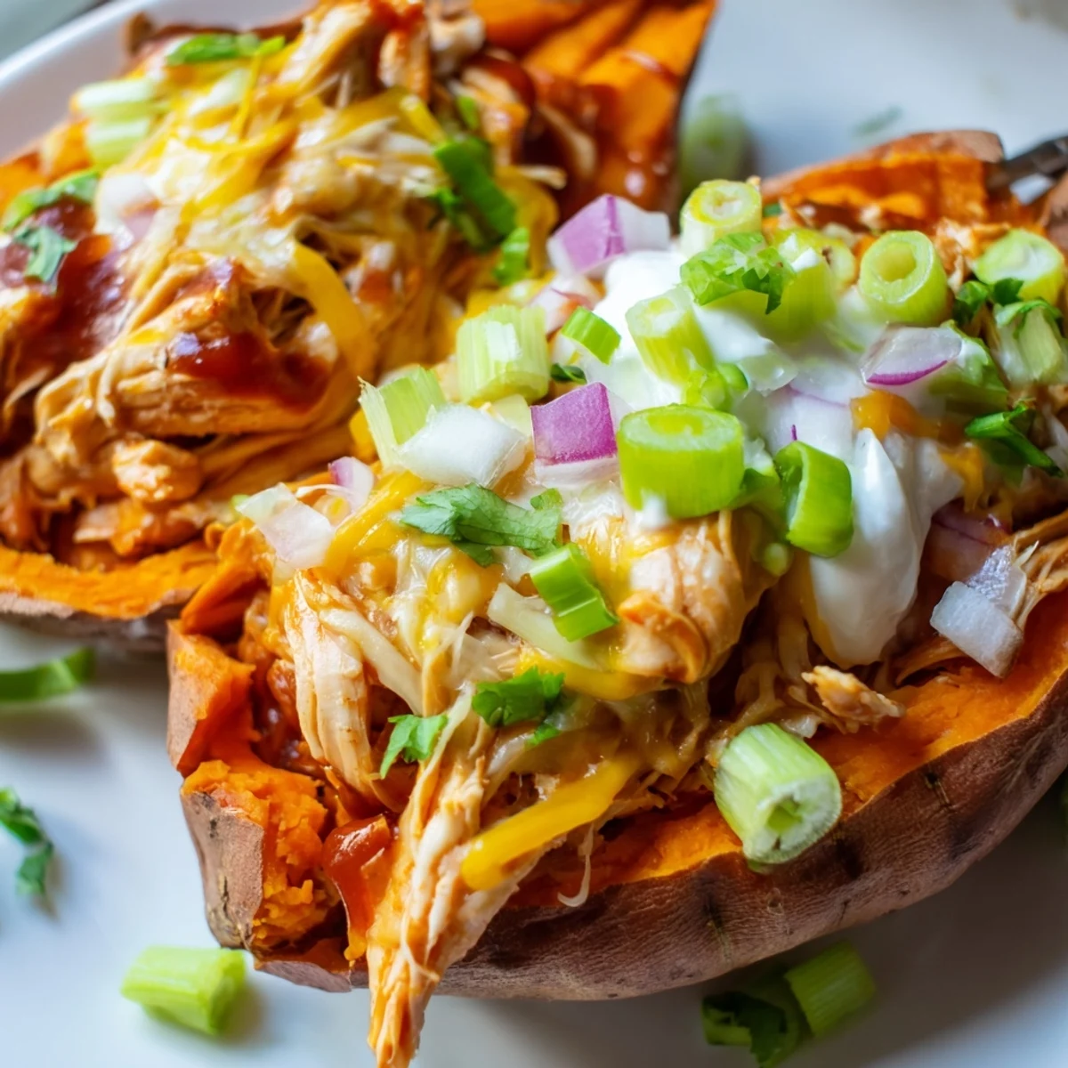BBQ chicken stuffed sweet potatoes with gooey cheese and fresh green onion garnish