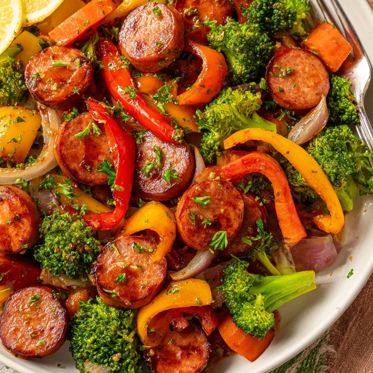 Golden honey garlic kielbasa and colorful roasted vegetables glistening on a sheet pan