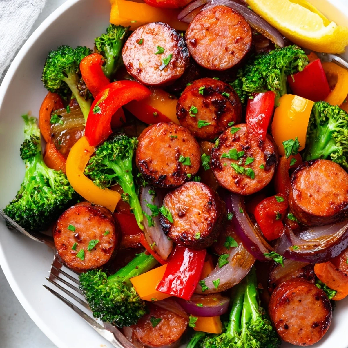 Sliced kielbasa sausage with tender broccoli peppers and carrots coated in sticky honey garlic glaze