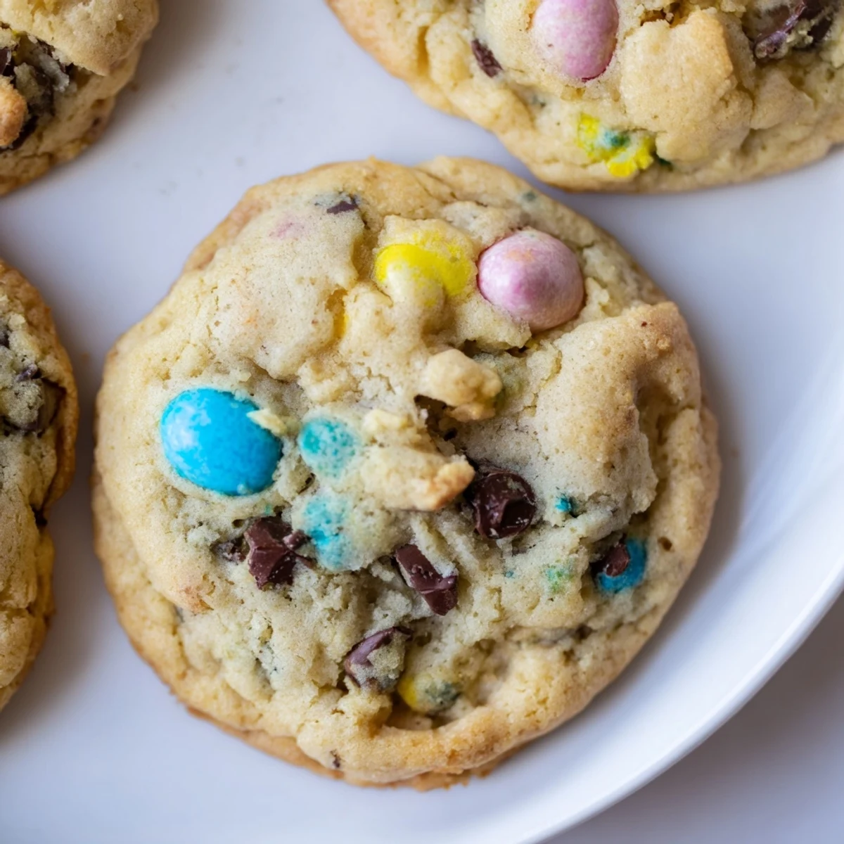 Soft Cadbury Egg Cookies with colorful candy pieces and melty chocolate chips on rustic bakeware