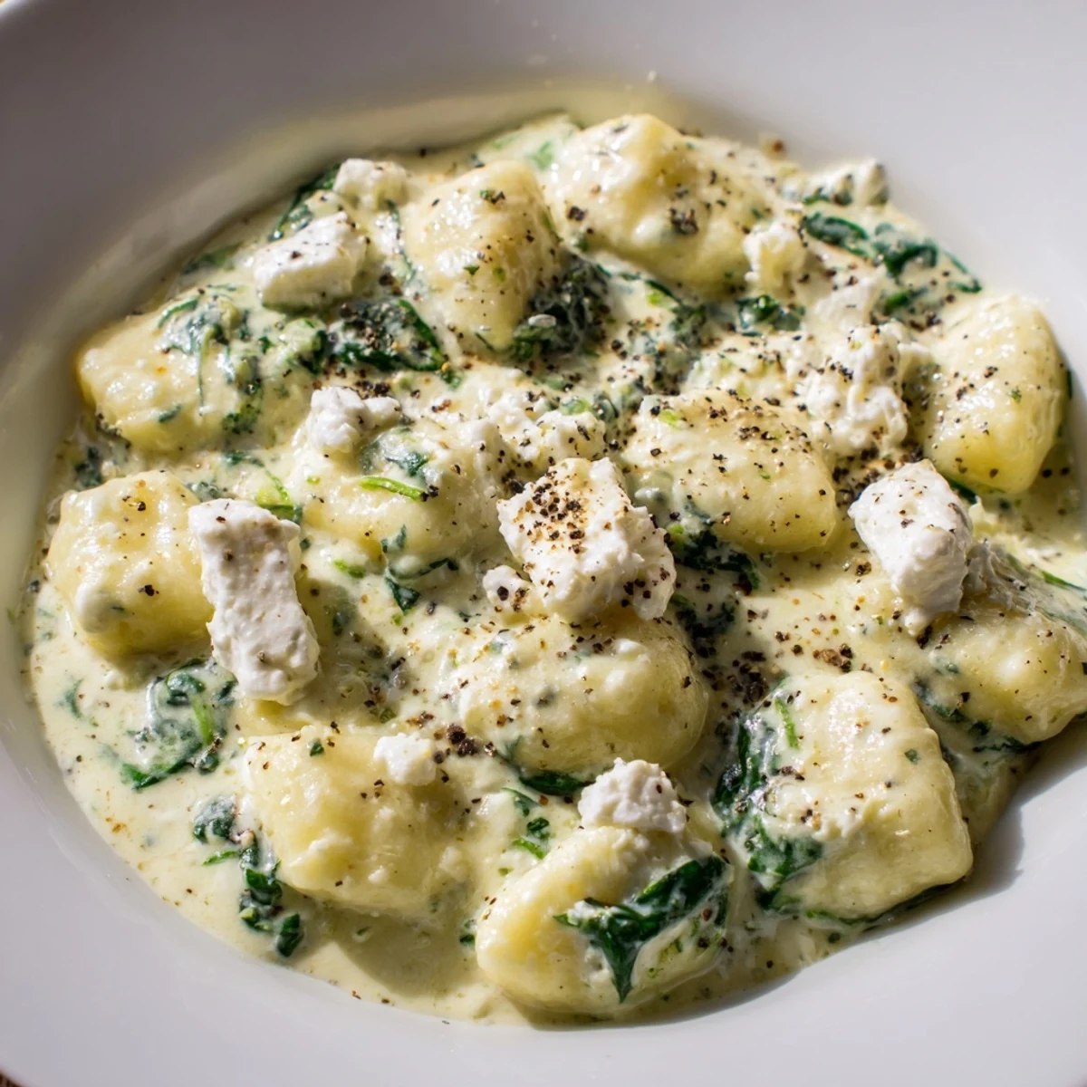 Soft pillowy gnocchi with spinach and feta swimming in rich velvety cream sauce