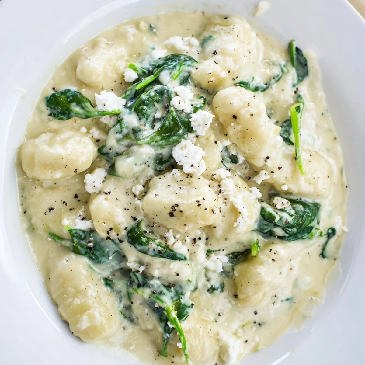 Creamy gnocchi with spinach and feta topped with crumbled cheese in white skillet