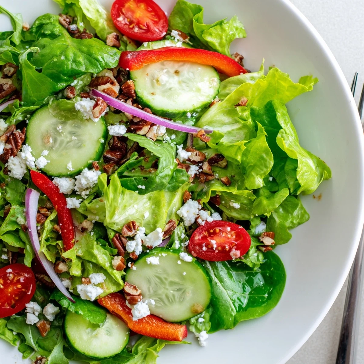 Fresh spring mix salad with colorful vegetables and crumbled feta in a white serving bowl